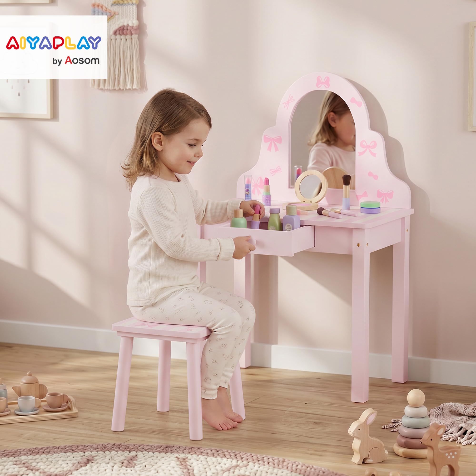 AIYAPLAY Kinder Schminktisch Set 2 in 1 mit Hocker für Mädchen 3-6 Rosa