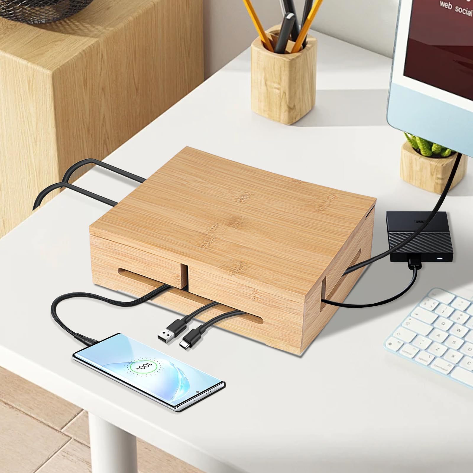 DBREAKS 2X Kabelmanagement Box, Kabelbox Holz, Kabel Organizer Box, Bambus | Wandmontierbare Kabelbox mit magnetischem Bambus-& Kabelbindern & Kabelschlauch, Kabelkasten für Schreibtisch Cable Organizer