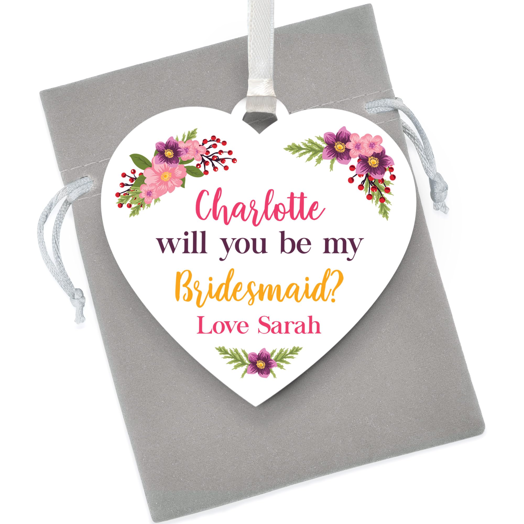 PERSONALISED Will You Be My Bridesmaid Gifts - Will You Be Our Bridesmaid, Flower Girl, Maid of Honour - Handmade Wedding Favours from Bride and Groom - With Grey Bag