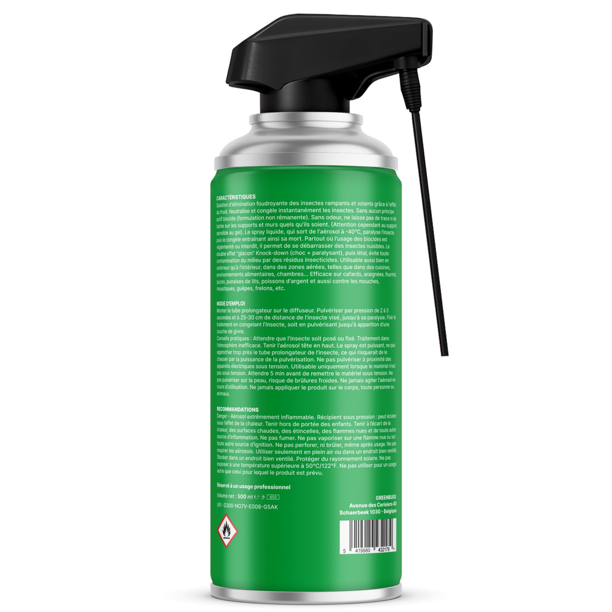 SPRAY CRYO ANTI PUNAISES DE LIT -40°C - 500ml - Élimine instantanément les Punaises de lit et les Oeufs - Applicateur de précision - Solution Naturelle Efficace sans Insecticide - GREENBUGS