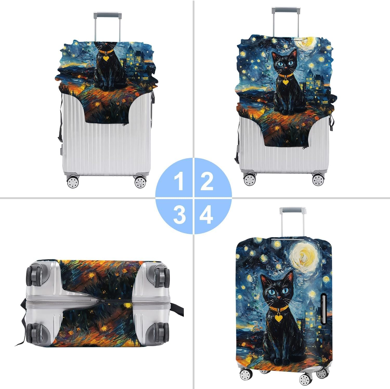 Starry Night Black Cat Luggage Cover – Stretch Suitcase Protector with Moon & City Lights – Fits 32-34 Inch Luggage – Cute Cat Design with Heart Pendant – Durable & Washable Travel Sleeve