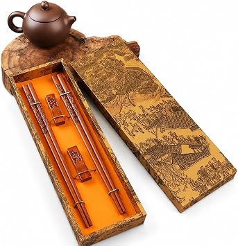 Valkyrie Doğal Ahşap Yemek Çubuğu Seti 2 Çift – Ejderha Desenli Çubuk Tutacaklı Kutulu 22,9 cm Chopstick Seti