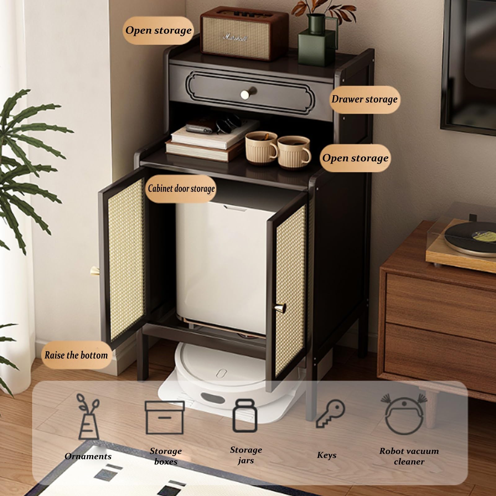 Robot aspirapolvere in bambù con mobiletto Intelligente, scaffale portaoggetti con Ante e cassetto, Base Aperta con svuotamento Automatico, per Soggiorno, Sala da Pranzo, Cucina, c