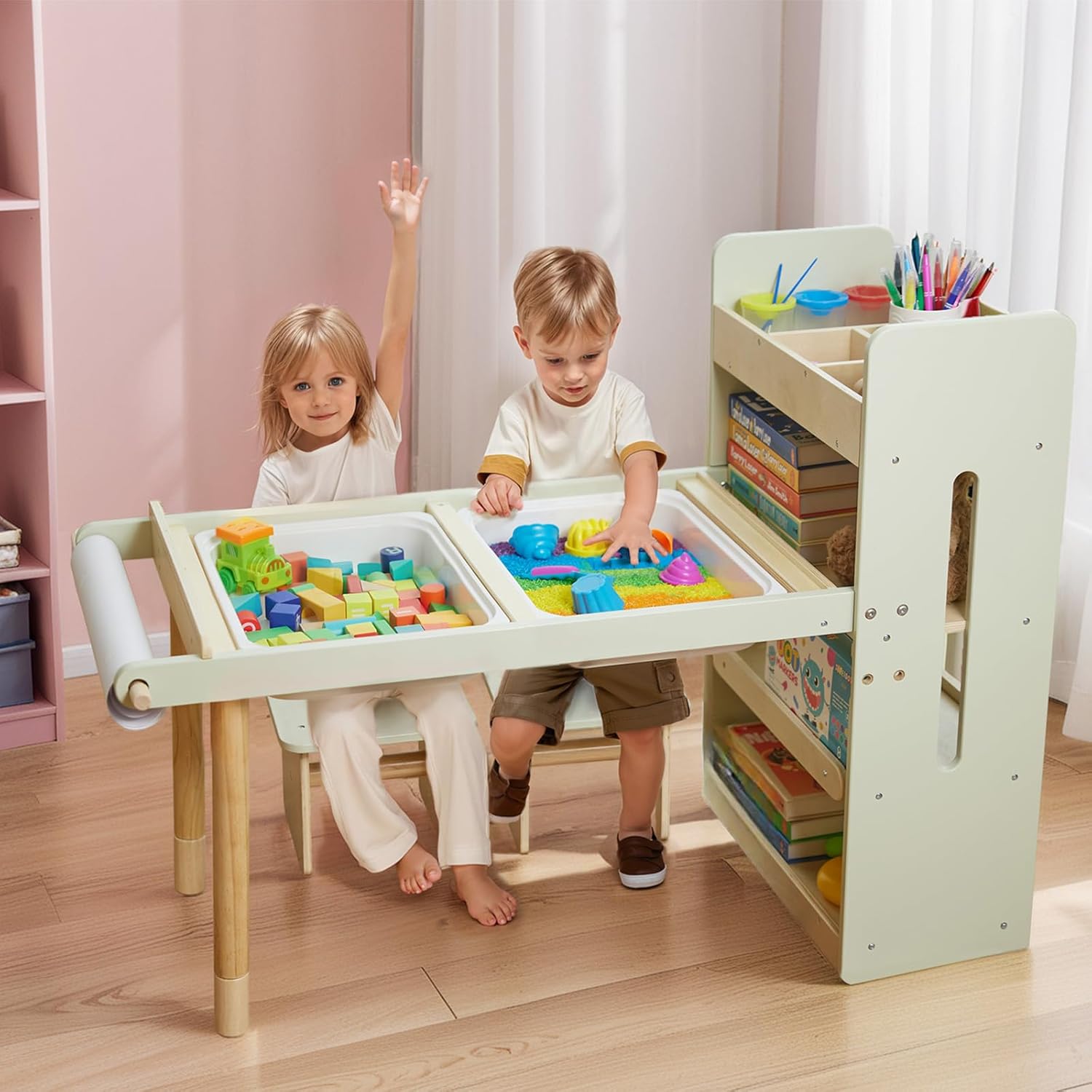 Kids Sensory Table and Chairs Set, Sand & Water Table for Kids Ages 3-8 & Montessori Wooden Baby Walker