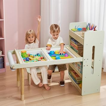 Kids Sensory Table and Chairs Set, Toddlers Activity Table with Large Storage Bins & Shelves, 6 in 1 Kids Art Desk with Blackboard Whiteboard for Playrooms Daycare,Sand & Water Table for Toddler Gifts