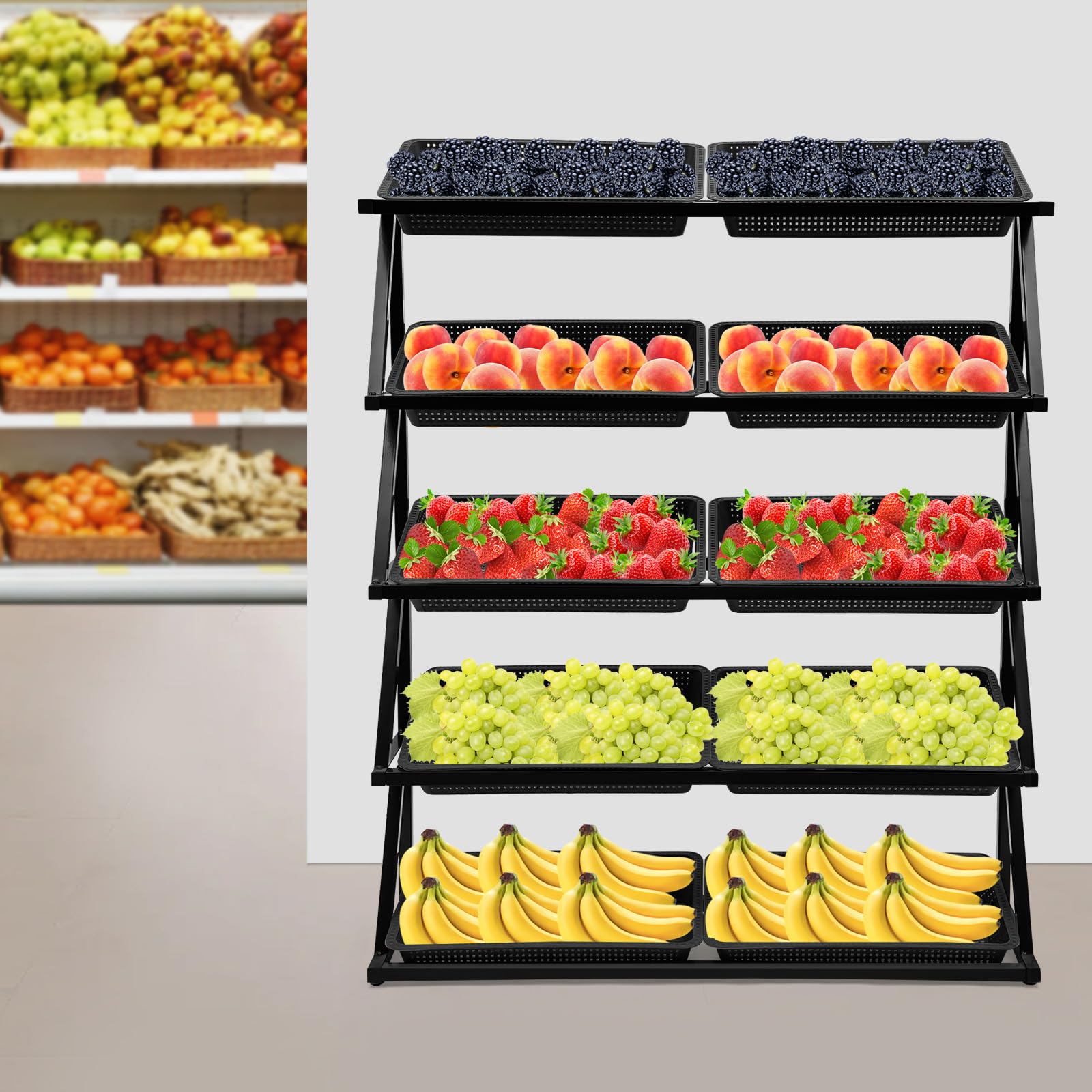 BINELUCOLU Retail Display Baskets Rack, 5-Tier Floor Market Basket Display Rack with 10 Plastic Fruit Vegetable Basket Candy Snack Display Rack for Retail Grocery Stores, Holds 220 lbs (Black)