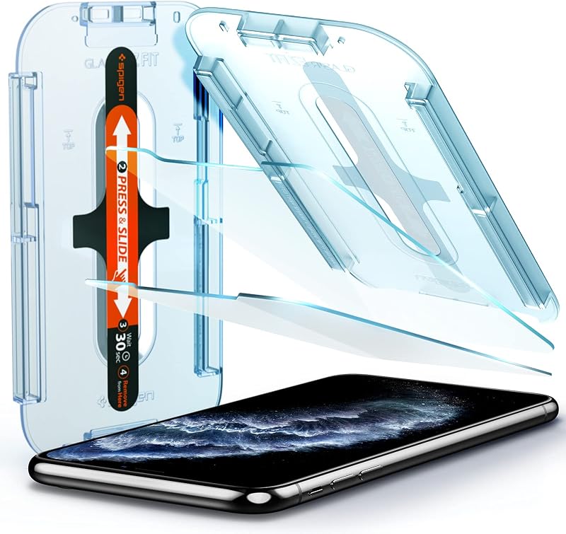 Protector de pantalla de vidrio templado Spigen [GlasTR EZ FIT] diseñado para iPhone 11 Pro/iPhone Xs/iPhone X [5,8 pulgadas] [compatible con fundas] - Paquete de 2 | Vidrio templado de dureza 9H, kit de fácil instalación, apto para carcasas, transparente, sensible al tacto, revestimiento oleofóbico