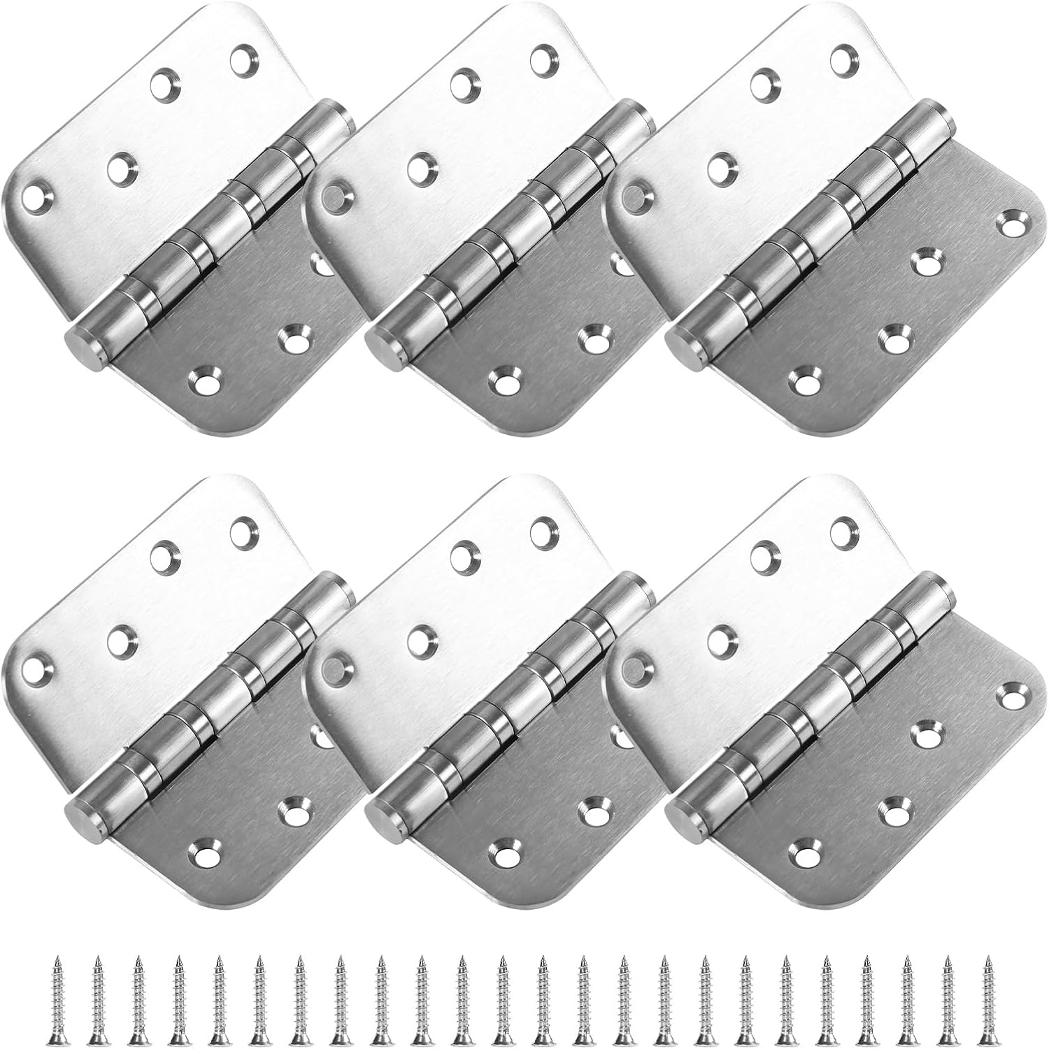 6 Pack Heavy Duty Stainless Steel Hinges, 4 x 4 Inch Brushed Nickel Ball Bearing Door Hinges with Non-Removable Pin for Residential & Heavy-Duty Door Hardware, 5/8" Radius Corners