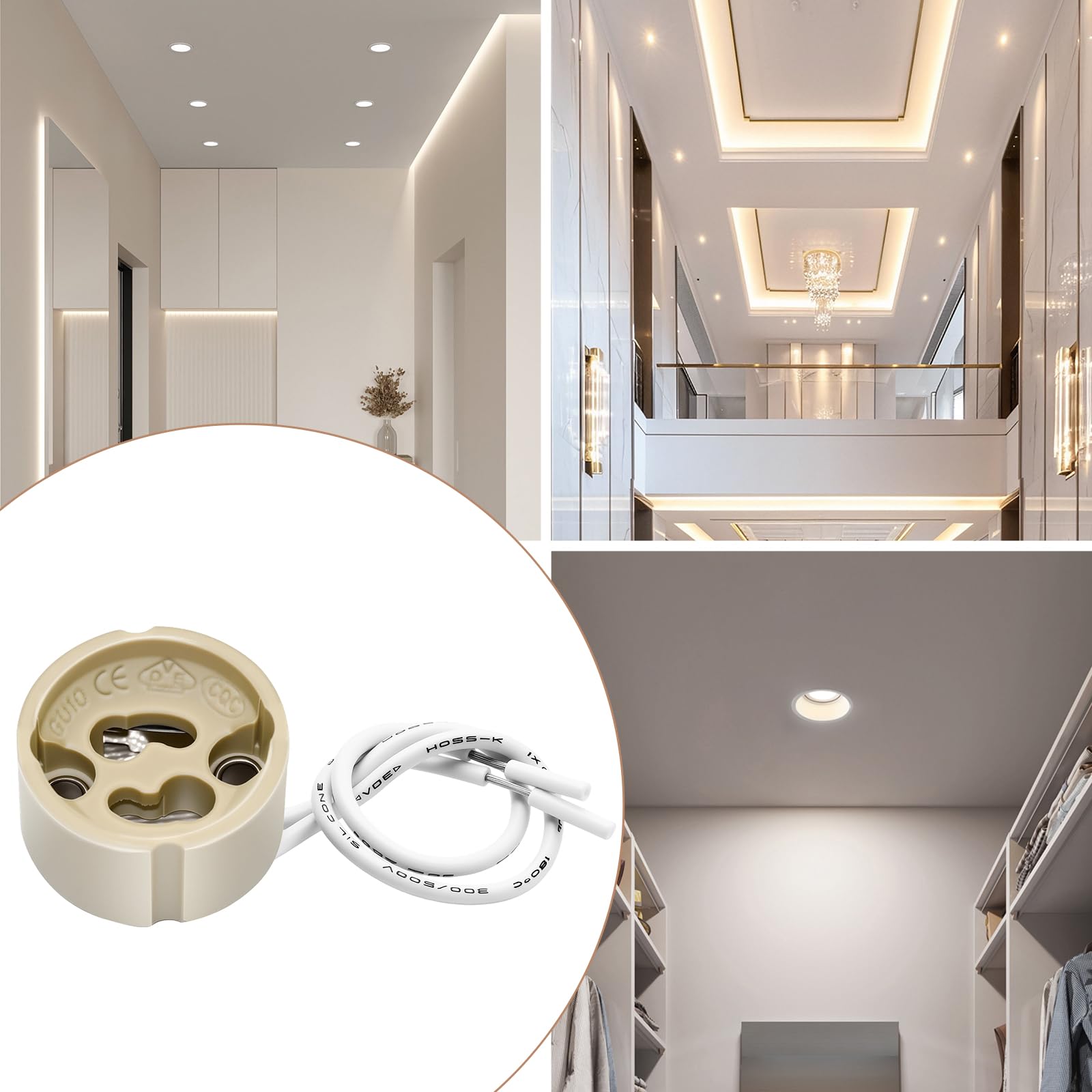 Oprawka GU10, oprawka lampy z ceramiki, z wysokiej jakości kablem silikonowym 12 cm, przyłączane oprawki do lamp LED GU10 i halogenów, VDE, 10 sztuk