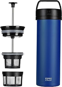 ESPRO P0 Ultralight French Press Coffee Maker for Travel, Vacuum Insulated Stainless Steel, 16 Ounces, Blue