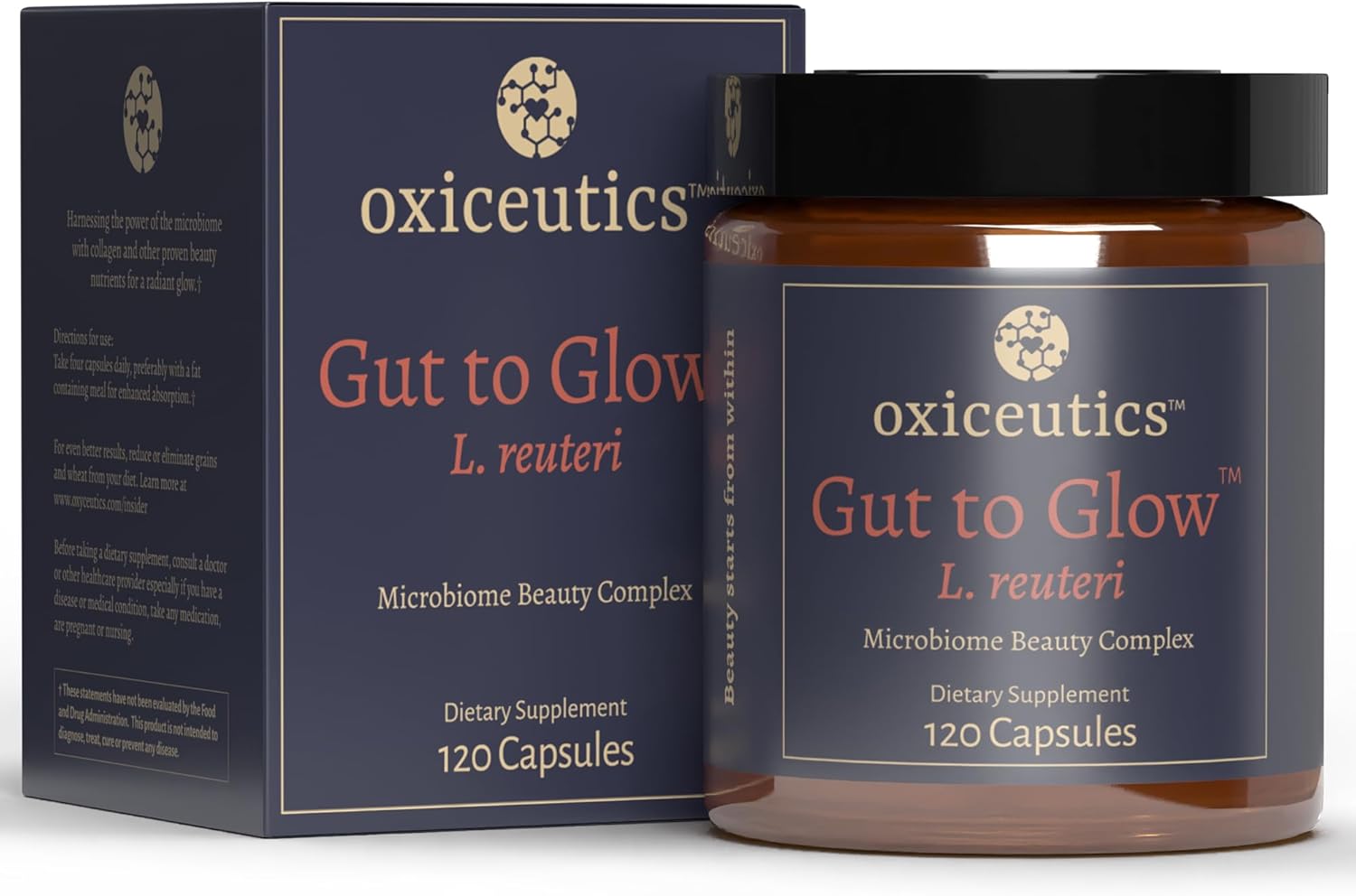 Oxiceutics Gut to Glow l reuteri probiotics by Author Dr. William Davis. Supports Gut-Skin-Axis with Marine Collagen & Hyaluronic Acid -Dr. formulated probiotics for Women