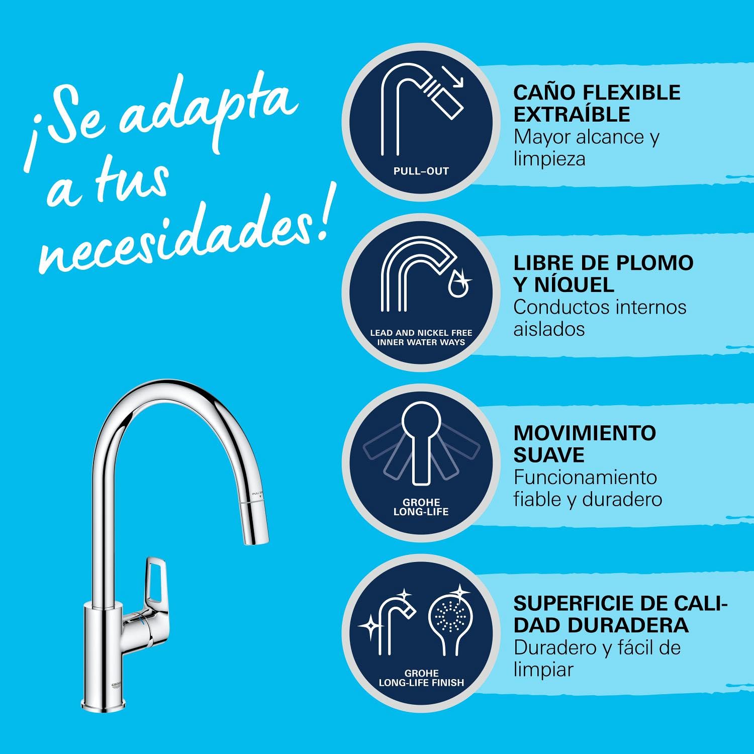GROHE StartLoop - Grifo de cocina con ducha extraíble, caño giratorio 360°, ahorro de agua con limitador de caudal, montaje sin herramientas, cromo, 30556000