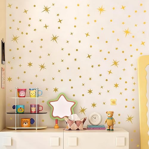 Miniatura 2 de Calcomanías de pared vintage con estrellas doradas, 5 hojas, 210 unidades, calcomanías con estrellas y puntos, calcomanías de arte de pared para