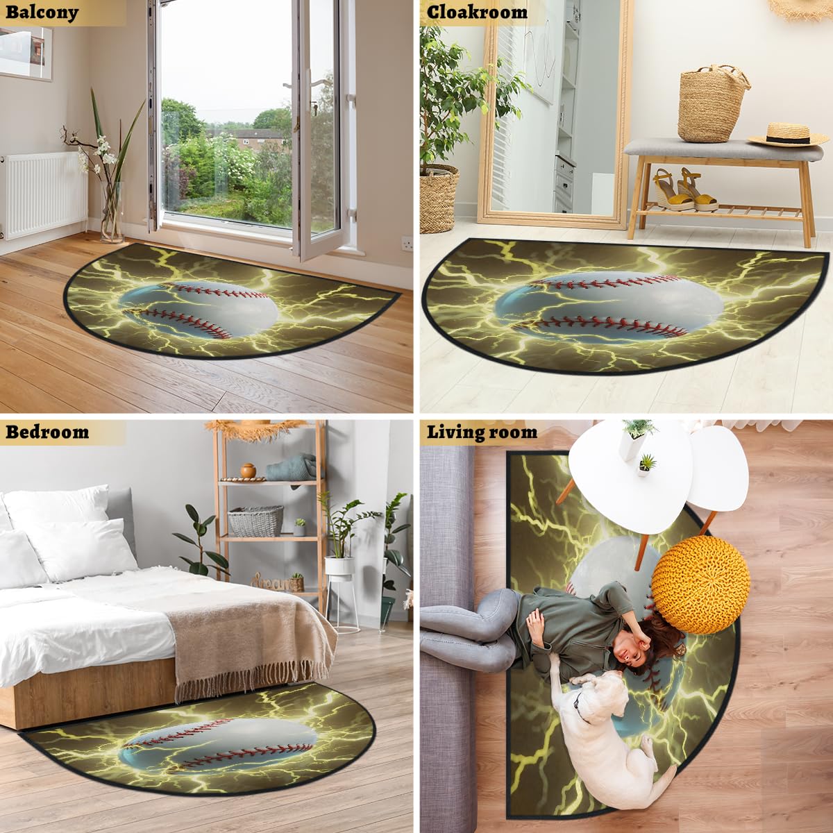 Große halbrunde Fußmatte – Baseball Lightning rutschfest, saugfähig, halbrund, Eingangsbereich, niedlich, weich, halbrund, waschbar, Teppich für Küche, Badezimmer, Schlafzimmer, 160 x 100 cm