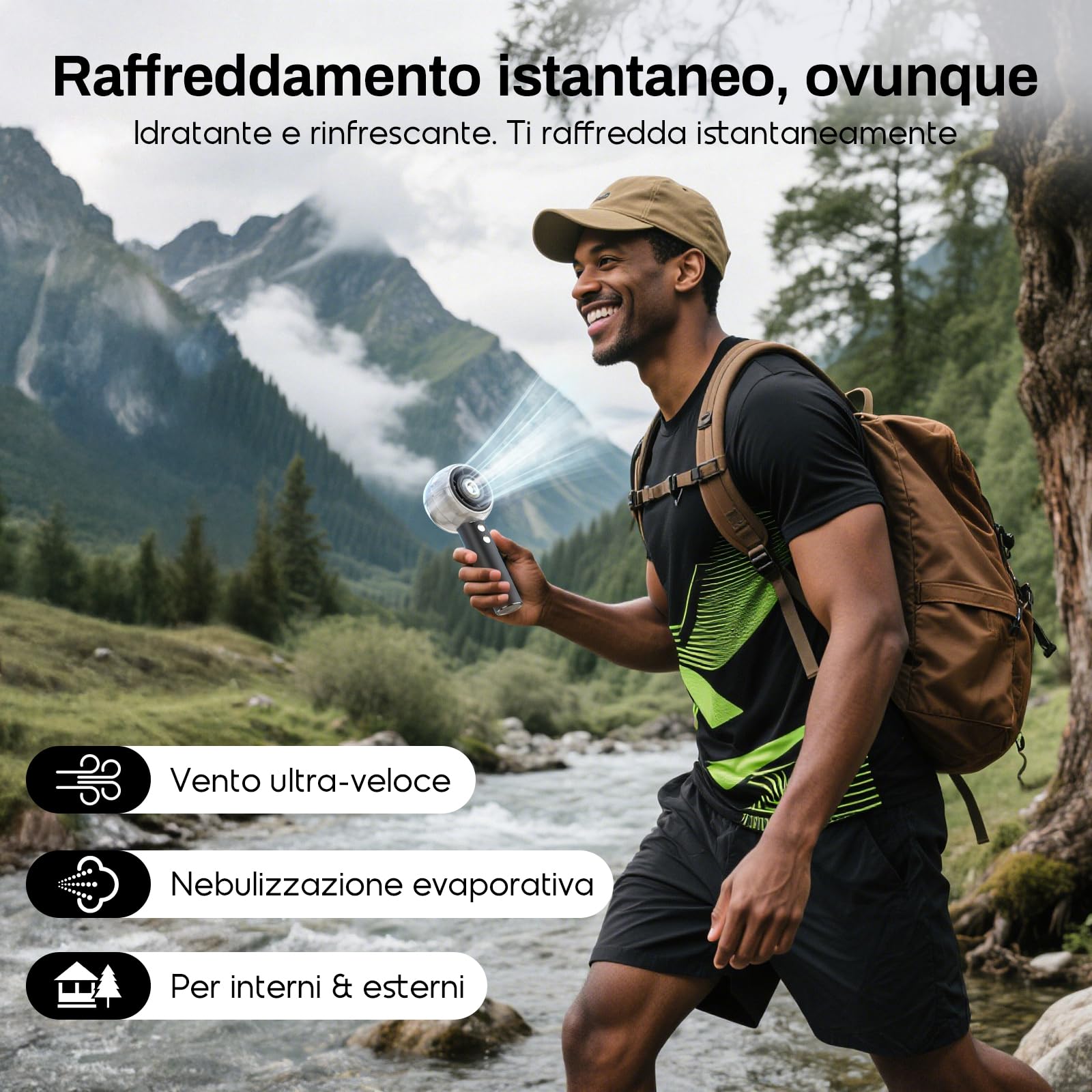 Ventilatore Portatile a Mano con Nebulizzatore, Mini Ventilatore USB Potente, Motore Turbo, Batteria Ricaricabile 6000mAh, 4 Velocità, per Viaggi, Outdoor, Idea Regalo Donna Uomo (Nero)