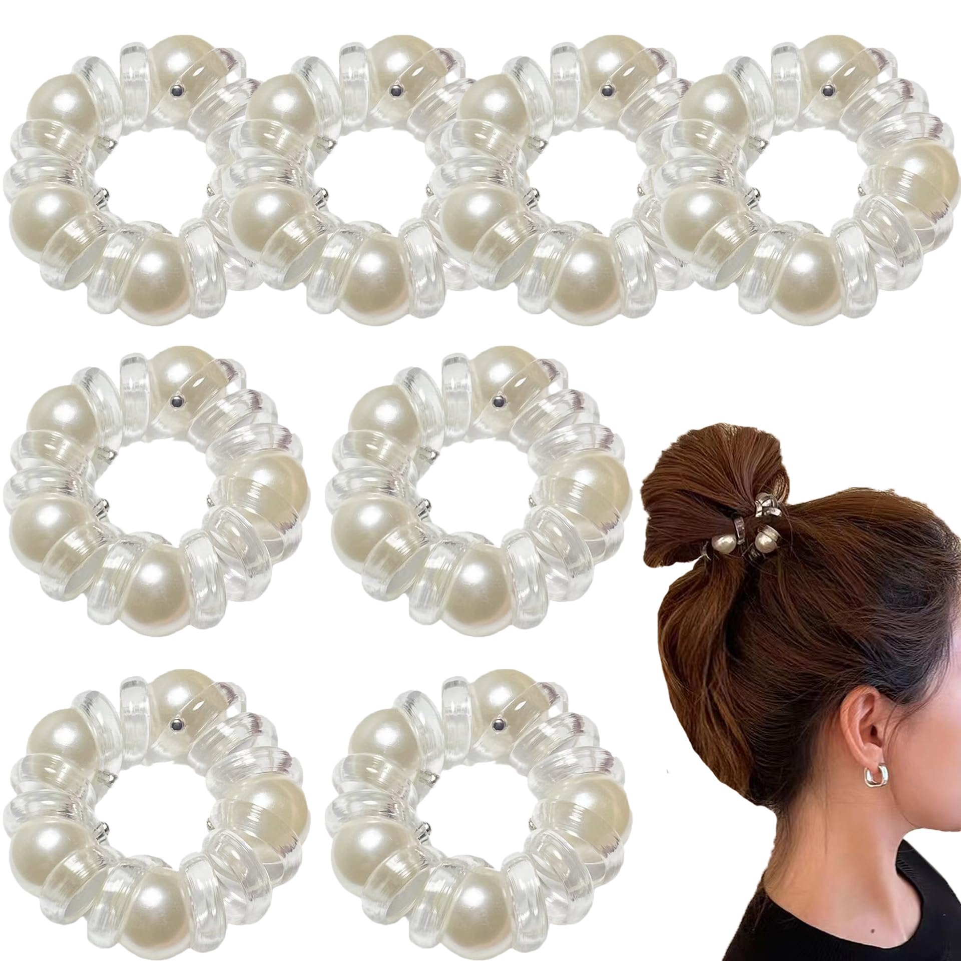 Pearl Spiral Hair Ties 8 Pcs White Elastic Hair Scrunchies No Crease Hair Coils Spiral Bracelet Hair Ties Cord Waterproof Coil Hair Accessories for Women Girls-White