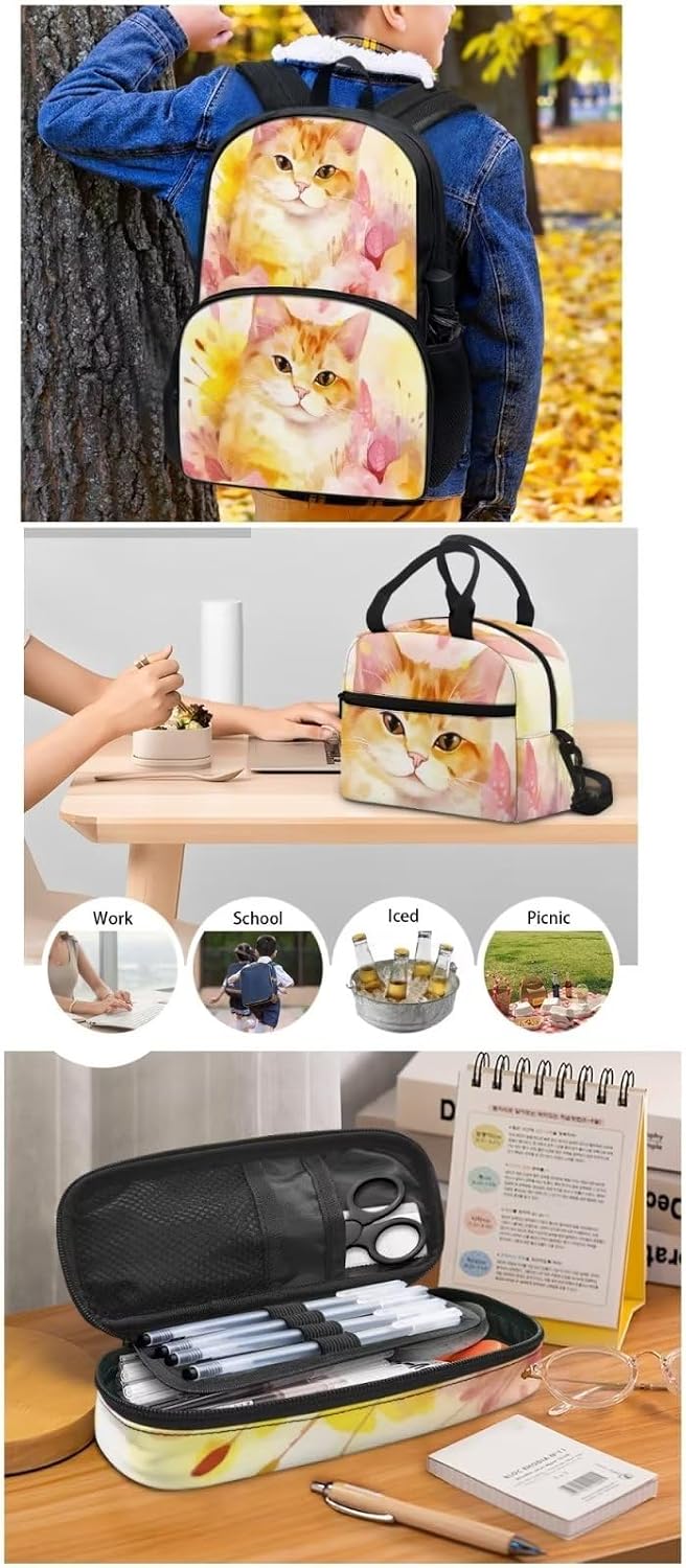 Lovely Floral Cat Backpack with Lunch Box and Pencil Case Girls Comfy Padded Cute School Backpack Set of 3 Bookbag for Student Lightweight Large Capacity Daypack