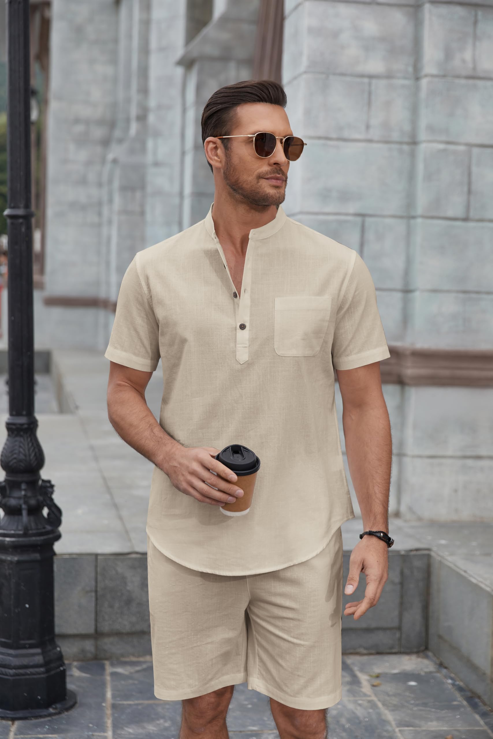 COOFANDY Set da uomo 2 pezzi in cotone e lino, abbigliamento estivo da spiaggia casual a maniche corte Henley camicie e pantaloncini per le vacanze