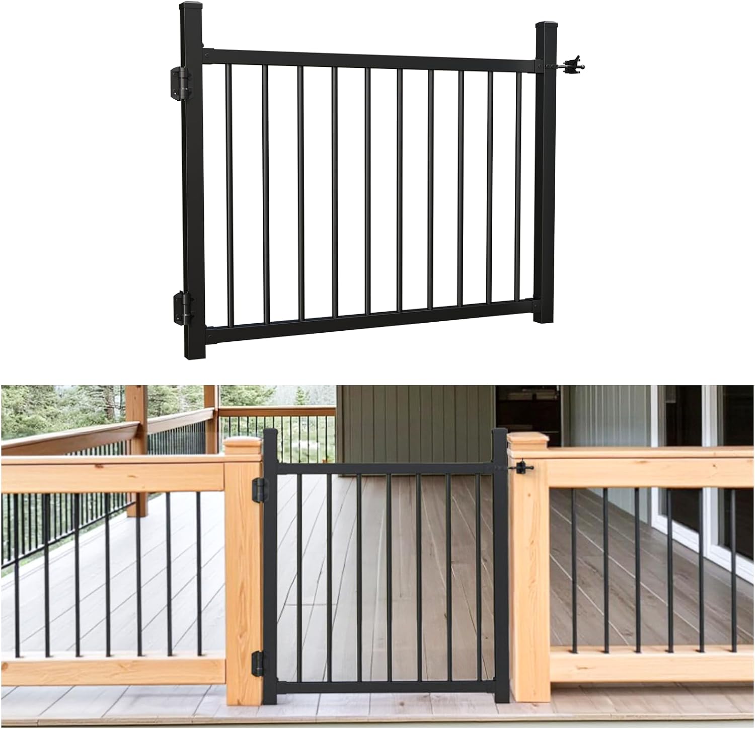 36"x45" Aluminum Gate with Self-Closing Hinges,Round Tube 3/4" pickets,DIY Adjustable Width Black Powder Coated Deck gate Kits Incl. Hinges Latch for Deck Railing Patios Gardens Indoor Outdoor Aluminum Gate with Round Tube