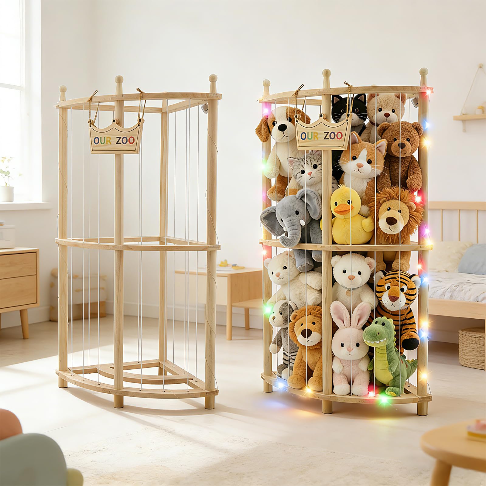 Ecke Kuscheltier Aufbewahrung mit Lichterketten,Doppellagig Holz Stofftier Aufbewahrung, 90cm OUR ZOO Niedlich Raumsparende Plüschtier Spielzeug Organizer für Spielzimmer & Schlafzimmer Home Decor