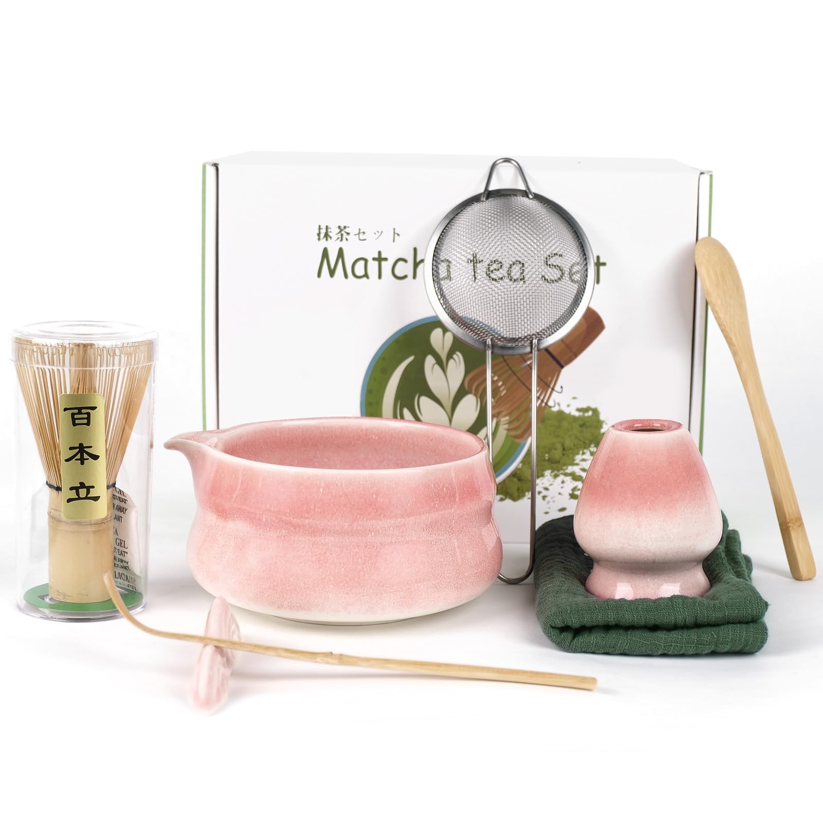 Voarge Zestaw 8 sztuk do matchy, ceramiczna miska (Chawan) z dzióbkiem i miotłą bambusową, japoński zestaw do matchy dla miłośników matchy, gradient różowy