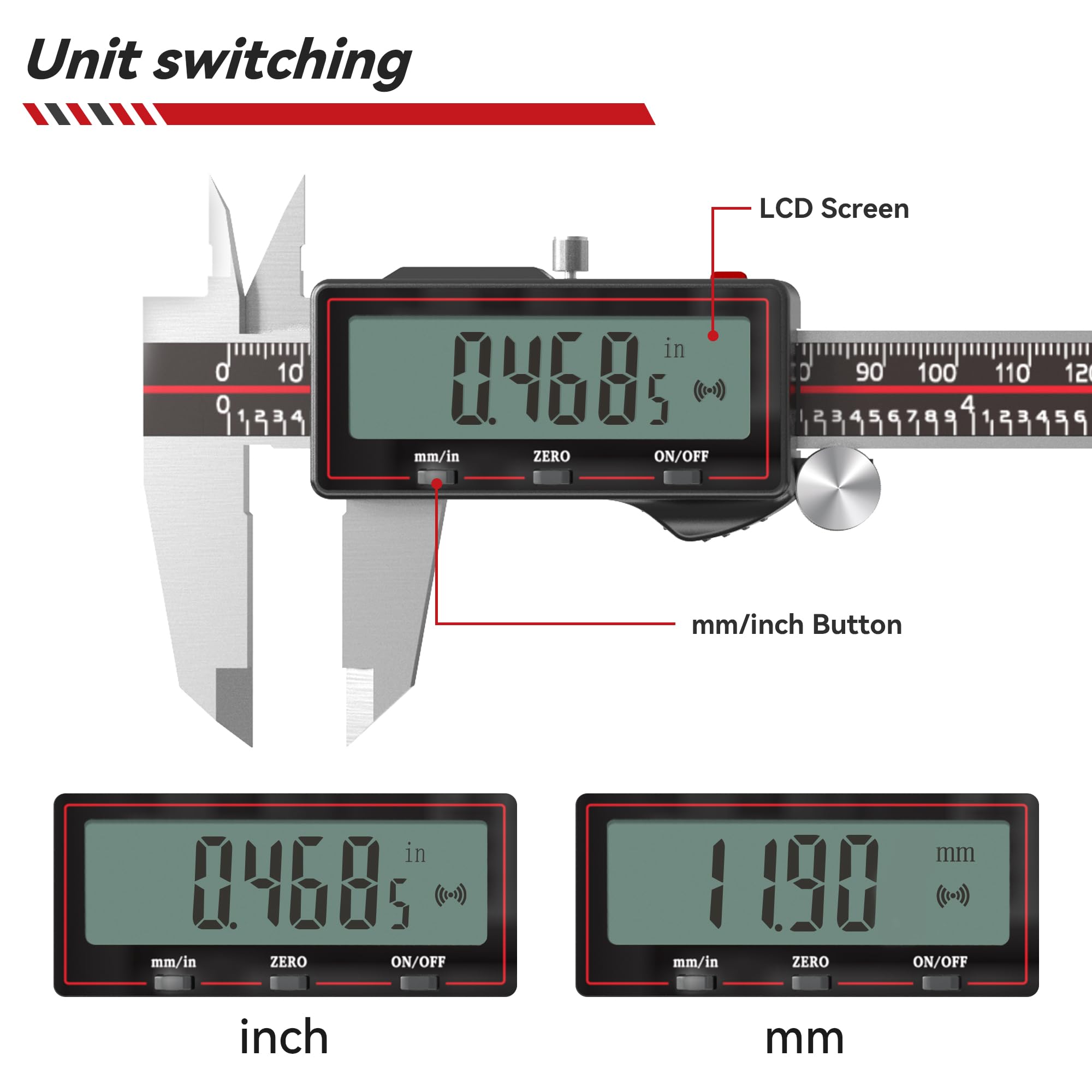 GemRed Digitaler Messschieber 150 mm, Kabelloser Edelstahl Messschieber mit Großem LCD-Display, Schieblehre digital, mm/Zoll Umrechnung, Auto-Off, 4-Wege-Messung für Werkstatt, DIY & 3D-Druck
