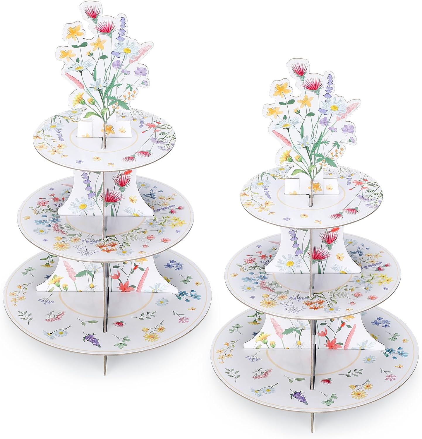 Willinglong 2 Pcs Wildflowers Cupcake Stand Party Decorations 3 Tier Floral Cardboard Cupcake Tower Flower Theme Cake Holder for Baby Shower Birthday Supplies