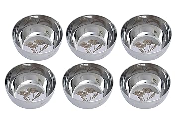 Dharam Paul Traders Stainless Steel Heavy Weight Laser Printed Flower Design Katori Bowls (Silver) -Set of 6