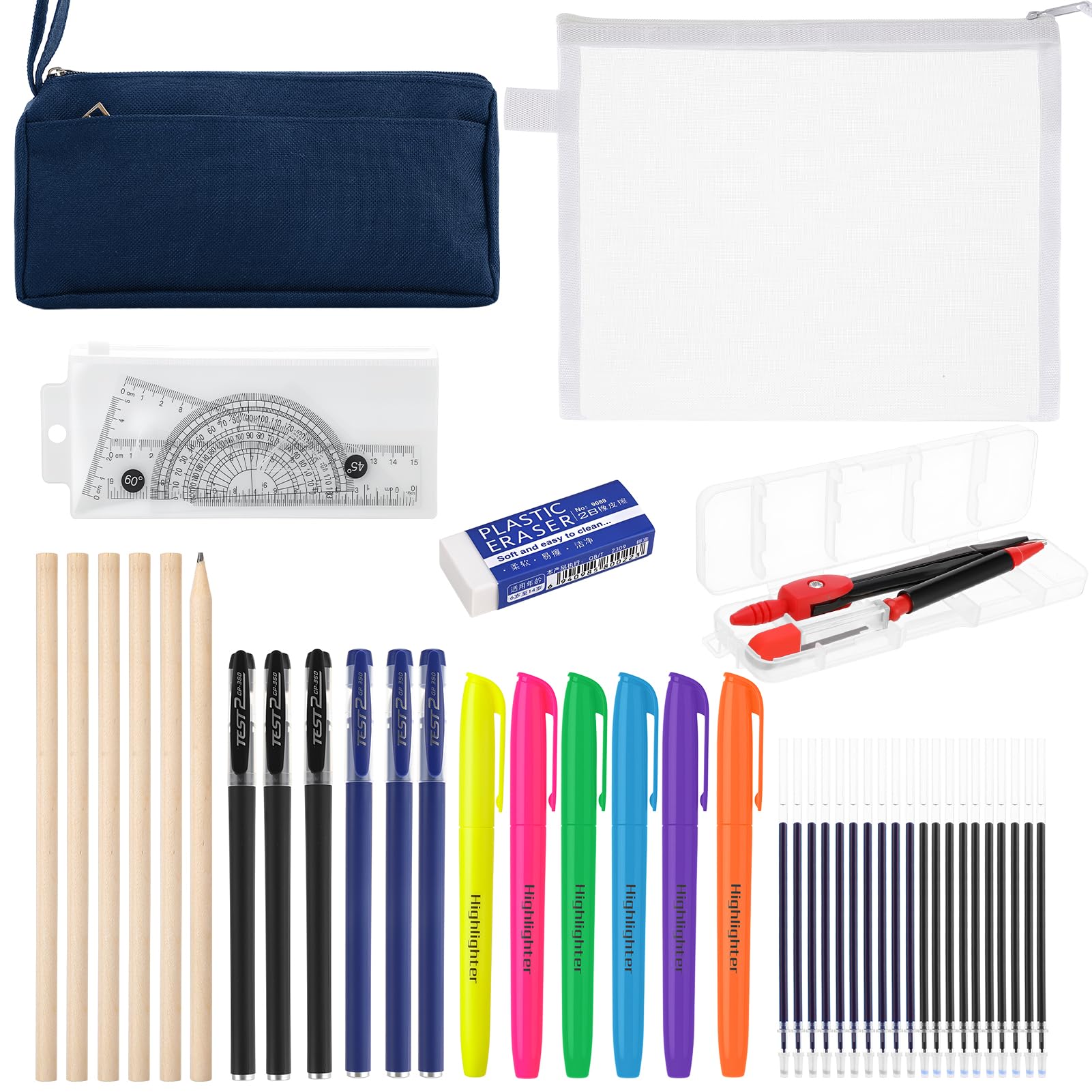 Candcamp 46 Pcs Stationery Set, Maths Sets for Secondary School, Dark blue Pencil Case with Stationery Included, Exam Filled Pencil Case for Elementary Secondary College School Supplies