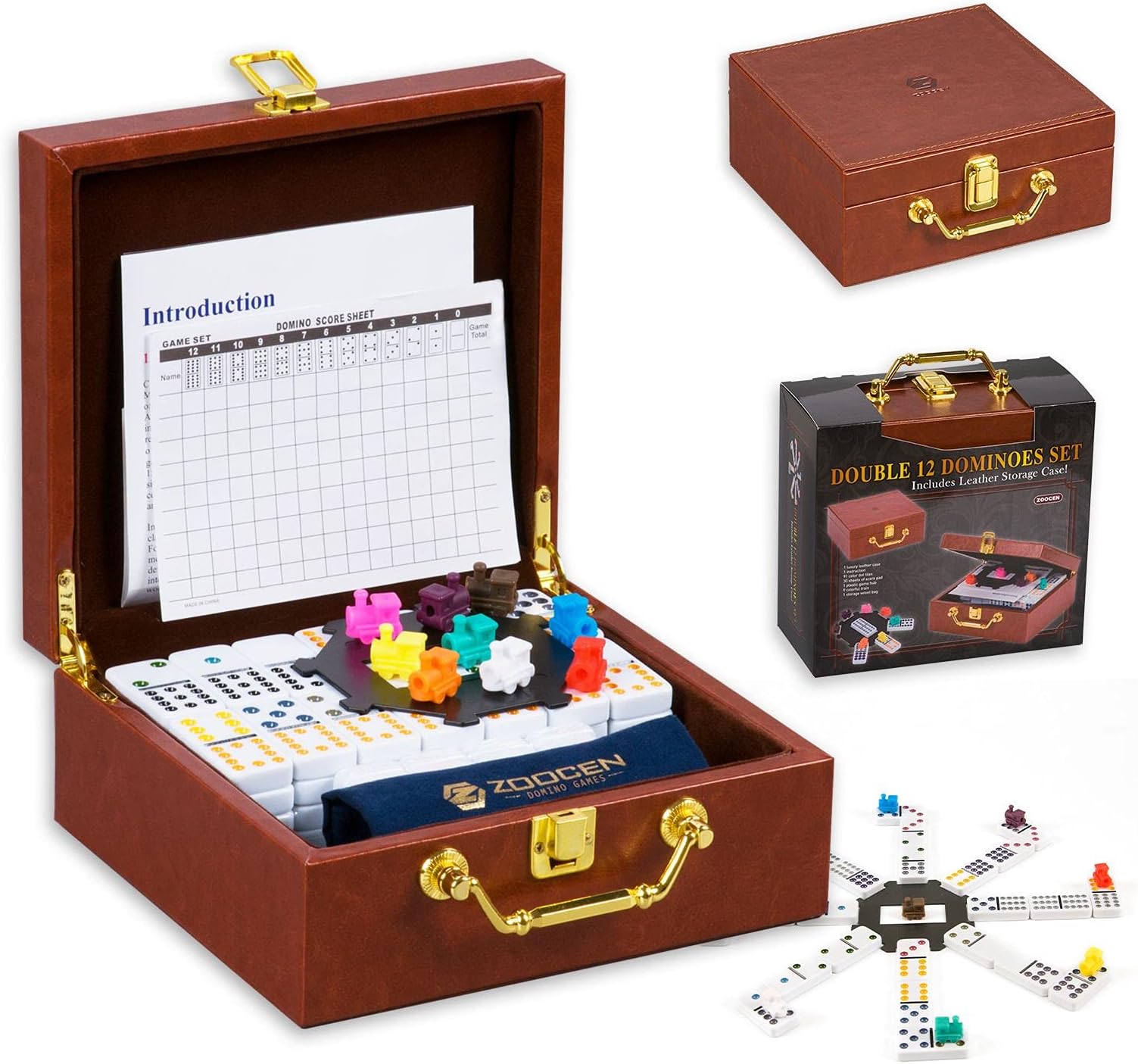 Double 12 Dominoes Mexican Train Game Set with 91 Colored Dots Tiles Storaged in an Elegant Leather Case,Ideal Family Game for Adults and Kids