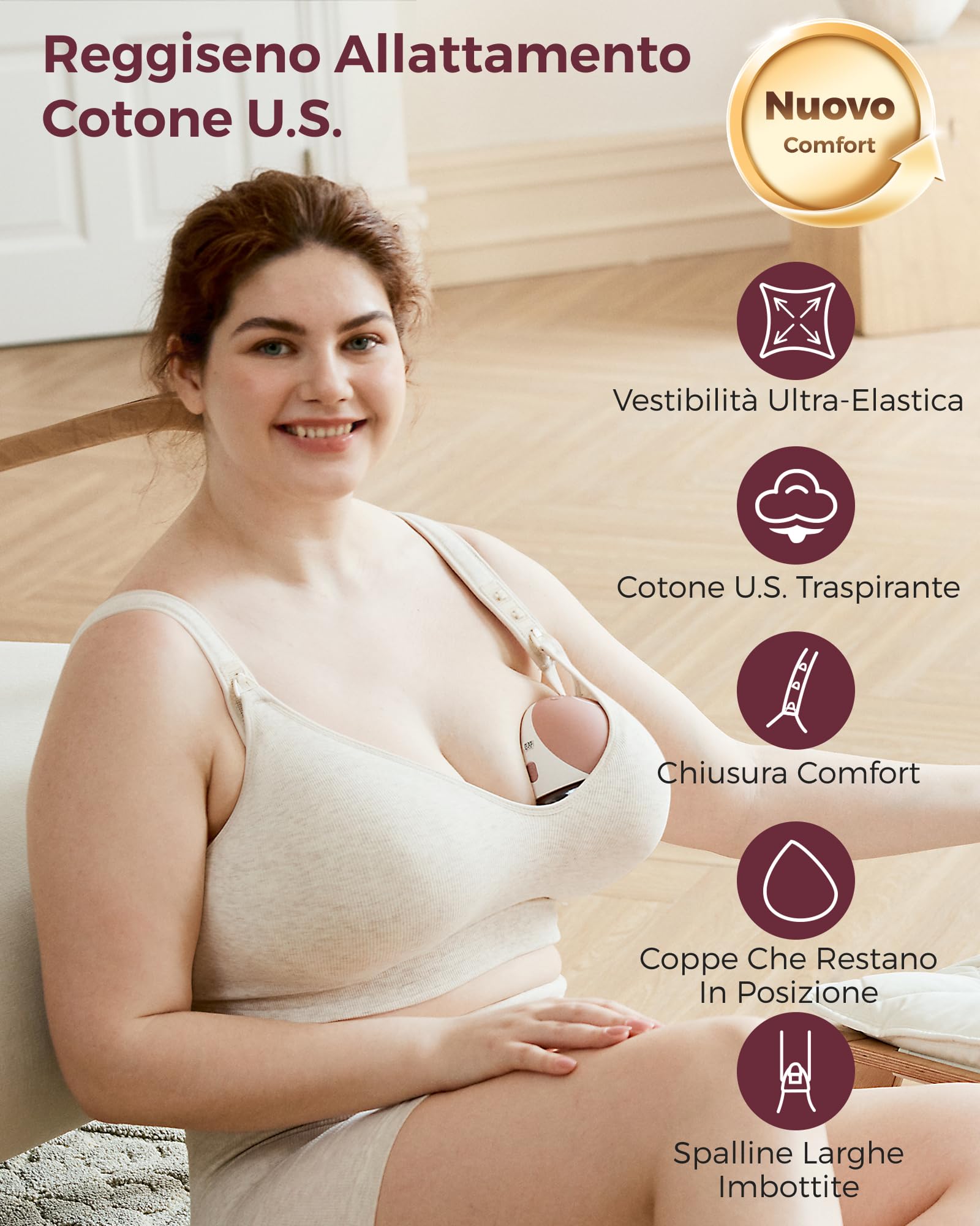 Momcozy Reggiseno per allattamento con seni grandi, reggiseno in cotone senza ferretto con imbottitura fissa, vestibilità su tutta la superficie, regolabile