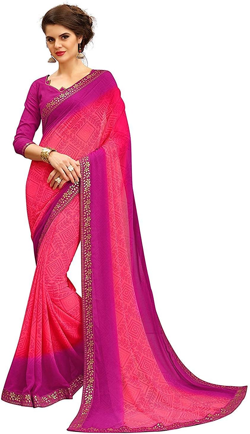 RAJESHWAR FASHION WITH RF Bandhani Printed Georgette Sarees For Women's With Lace Border & Blouse (Multicolored_Free Size 6.30 Mtr)