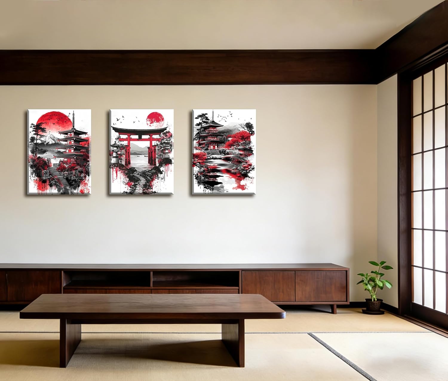 Frimeeme 3 Pieces Japanese Canvas Wall Art, Japanese Landscape Painting Prints, Red and Black Cherry Blossom Trees Building Pictures, Living Room Office Decor, 12x16 Inch Each