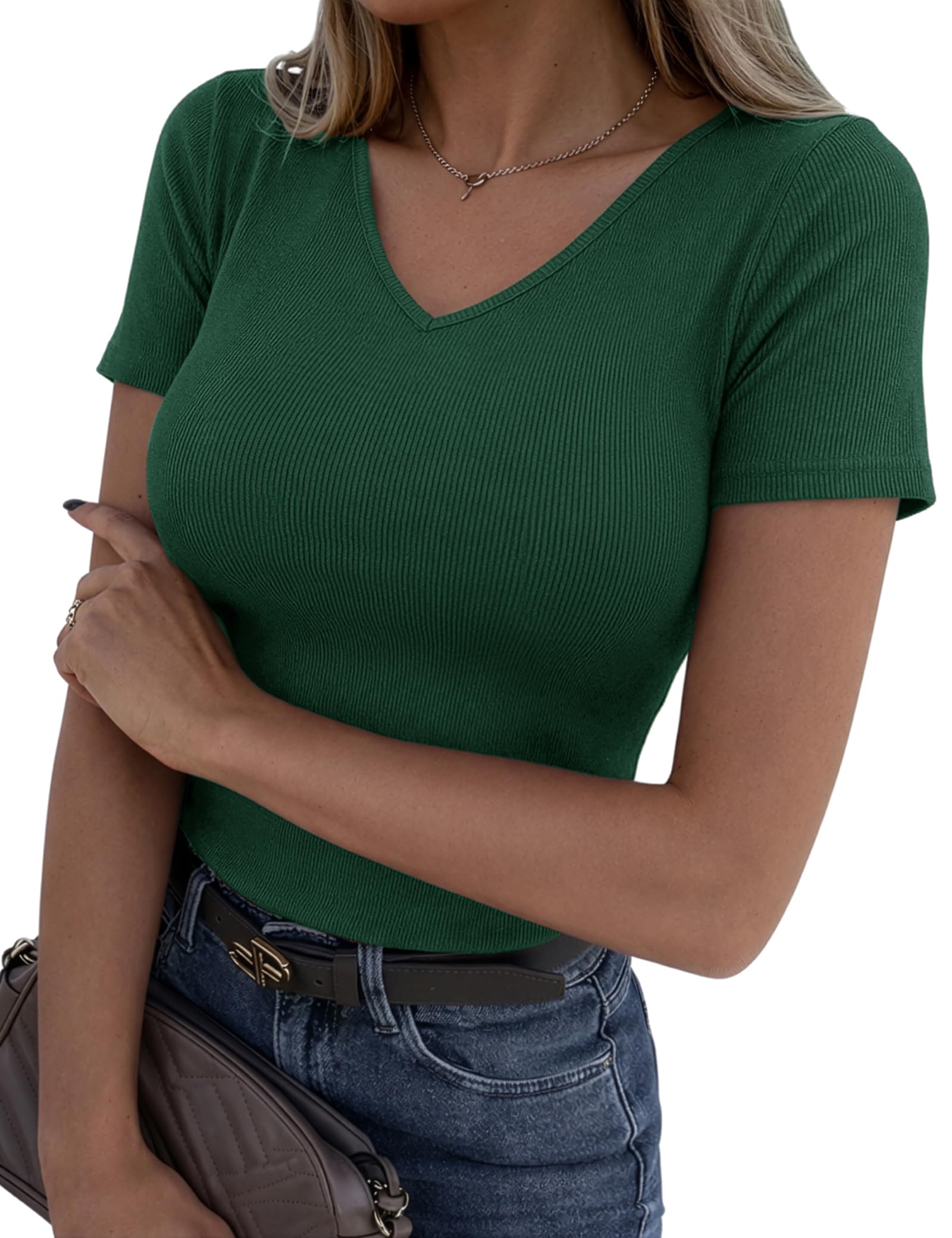 Totatuit Damen Kurzarmshirt V-Ausschnitt Rippstoff | Elastisches Basic-Oberteil, lässiger Stil, passend für warme Tage Arbeit Reisen Ausgehen und Alltag