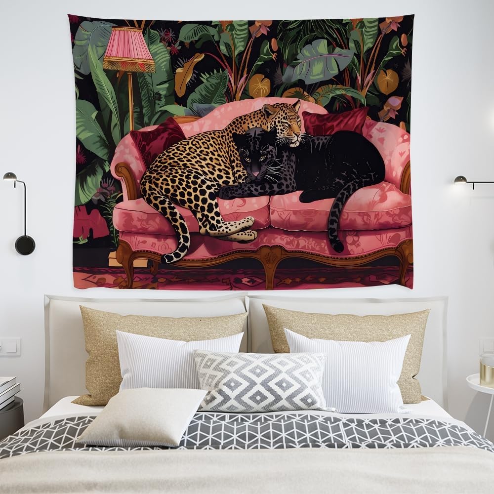 Maximalist Eclectic Cheetah Tapestry Wall Hanging Snuggly Leopard Panther In a Vintage Couch Prints Tapestries Leopard Bedroom Dorm Living Room Wall Decor 30x40inchwhite