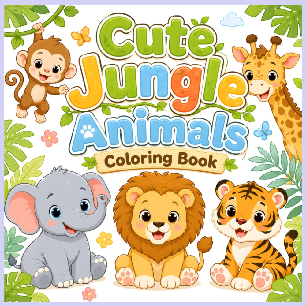 Cute Jungle Animals Coloring Book: Fun and Easy Coloring Pages for Toddlers and Kids Ages 3-7 Featuring Lions, Elephants, Monkeys, Tigers, Giraffes, Pandas and More
