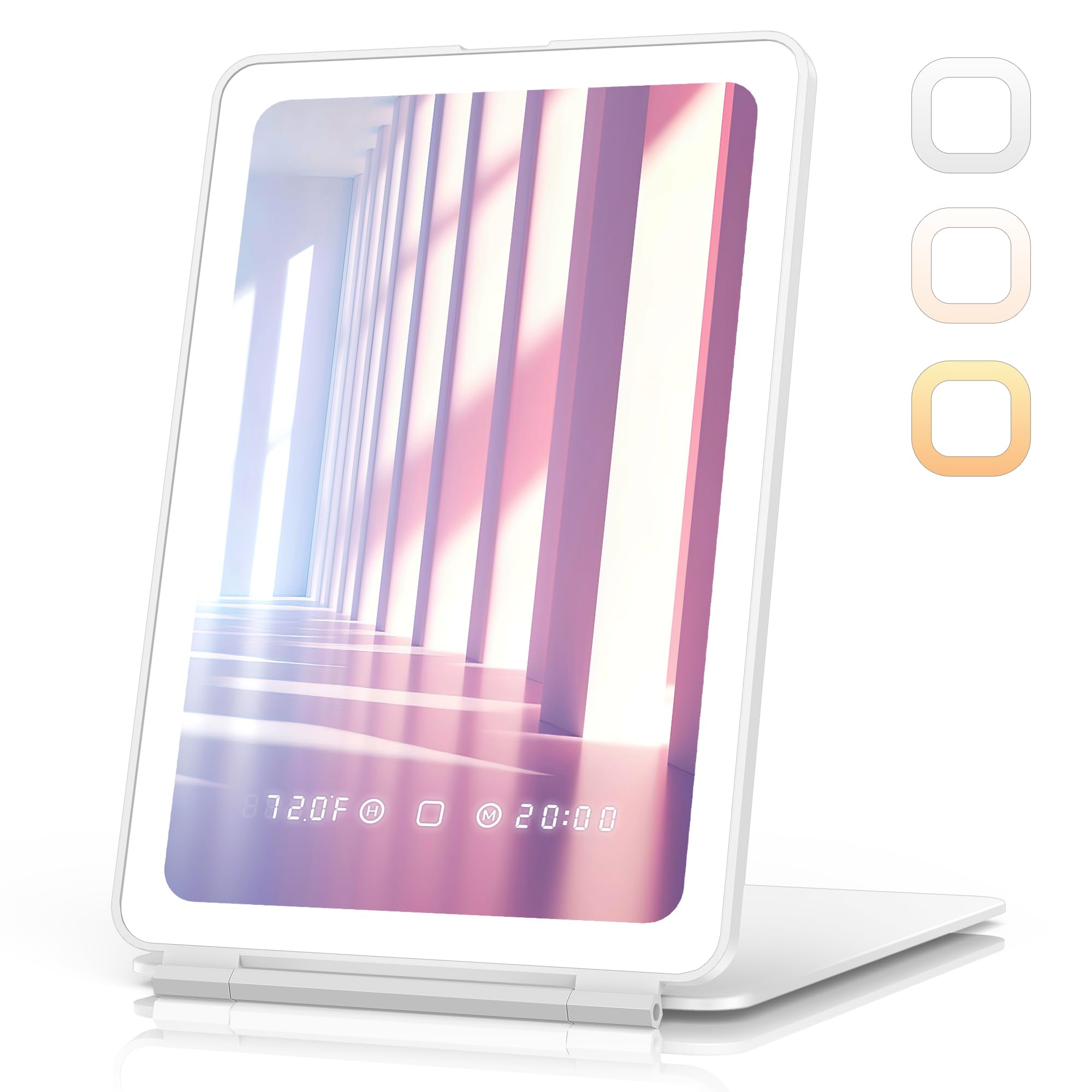 Travel Makeup Mirror with Time & Temperature Display, 2000mAh Rechargeable Battery, 7.5" Portable Foldable Lighted Mirror with 148 Led Lights, 3 Color Lighting Modes, Touch Dimming