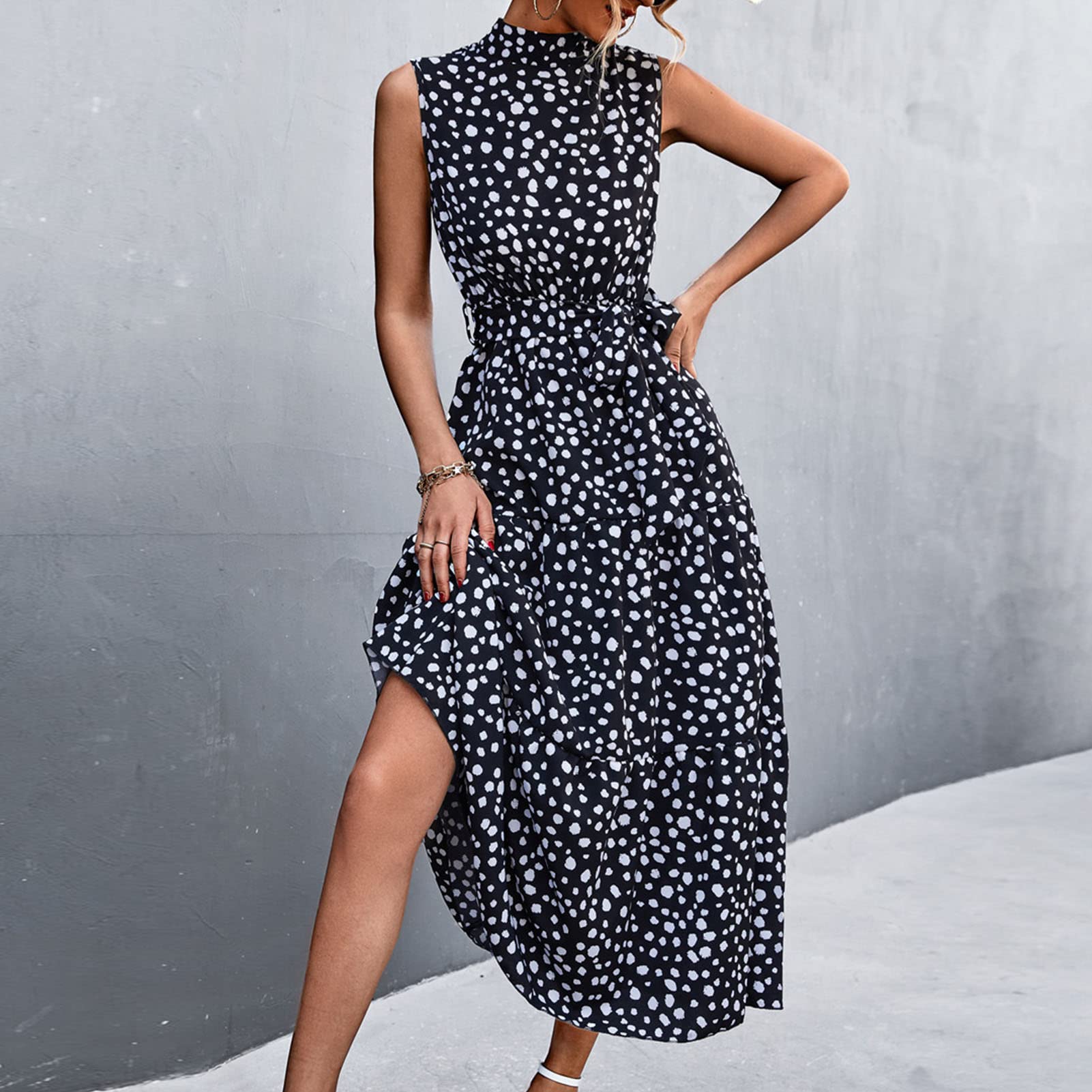 Abito con Stampa a Pois, Colletto in Basamento Senza Maniche con Cintura Abito Estivo Lungo da Donna Alta Abito Estivo Elegante Abito Lungo Collo Alto con Cintura per Feste,