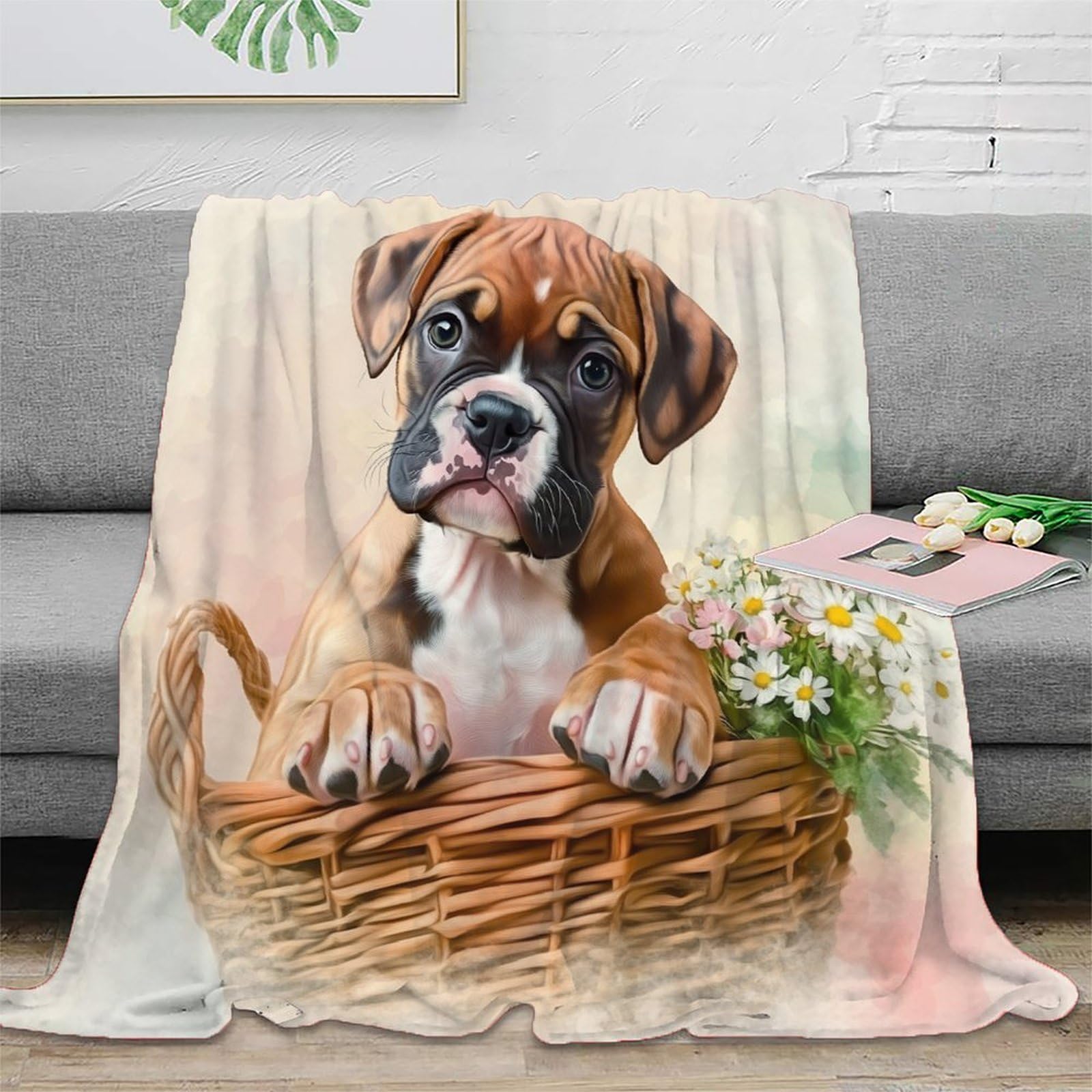 Plaid chiot 3D en microfibre premium de 150x200cm avec finitions aquarelle durables