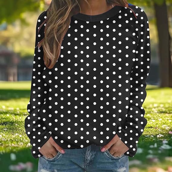 Crewneck Sweatshirts Women Polka Dot Graphic Top Long Sleeve Loose Fit Pullover Casual Streetwear Sweatshirt