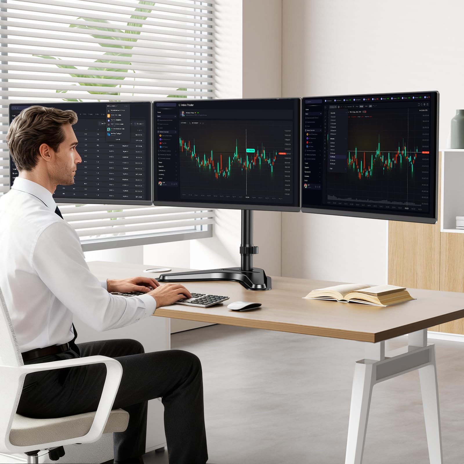 Support Triple Écran Putorsen jusqu’à 27 Pouces - Pied Bureau Lourd et Réglable pour 3 Moniteurs avec Base et Gestion de Câbles, 10 kg par Bras, Noir