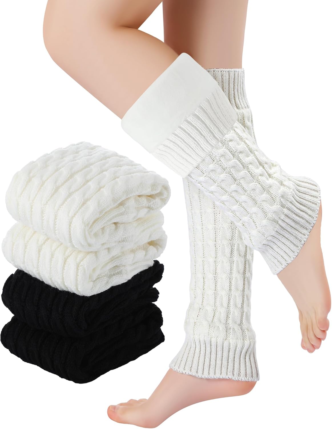 Shihanee 2 Pairs Women's Fleece Lined Leg Warmers Winter Extra Elastic Thicken Thermal Knit Long Boot Socks for Cold Weather