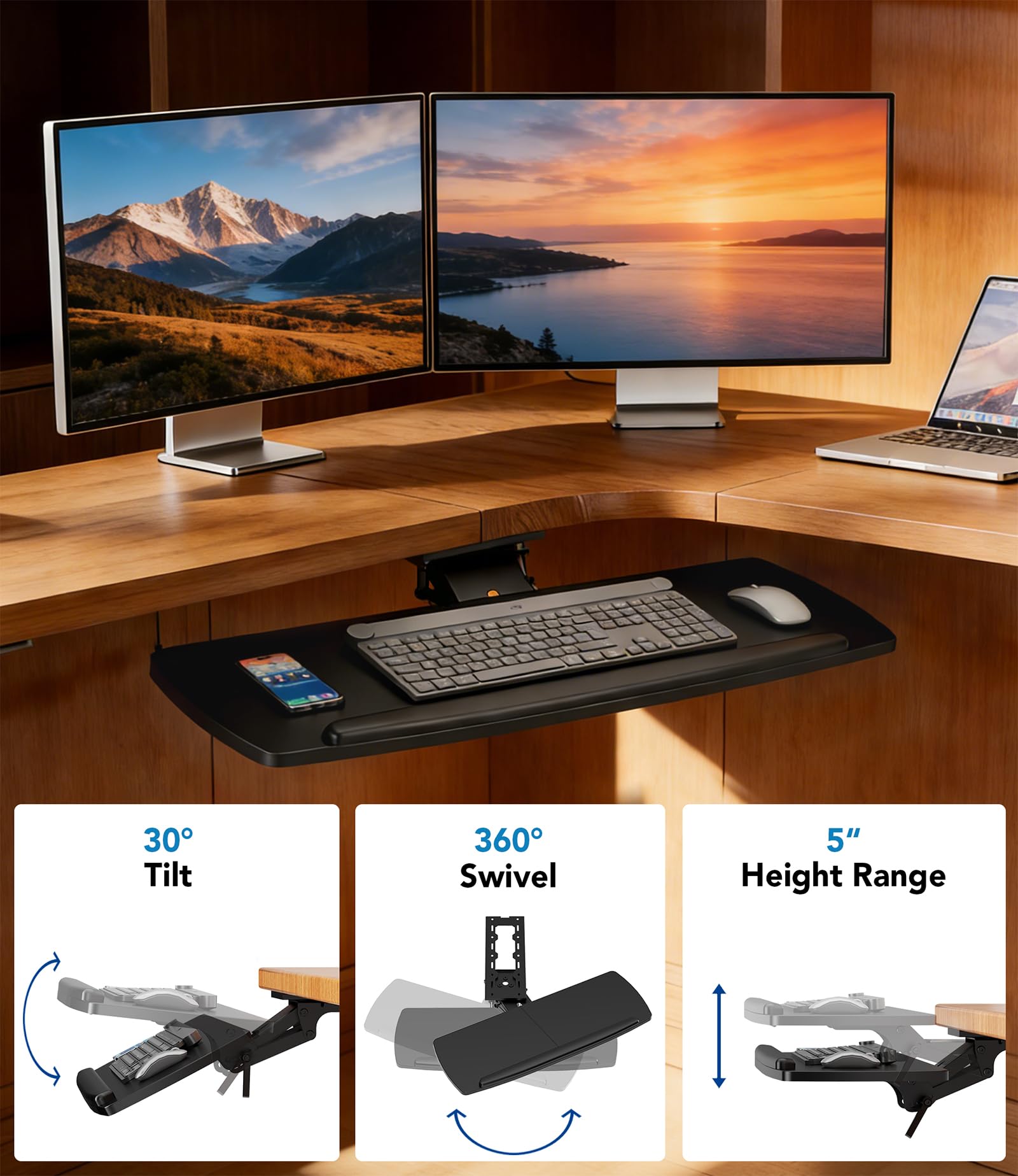 Keyboard-Ablage unter Tisch mit Schublade, höhenverstellbar, ausziehbar, 360° schwenk- und neigbar, ergonomische Unter-Tisch-Montage für Tastatur & Maus, geeignet für Gaming & Home Office, 28'' x 11''