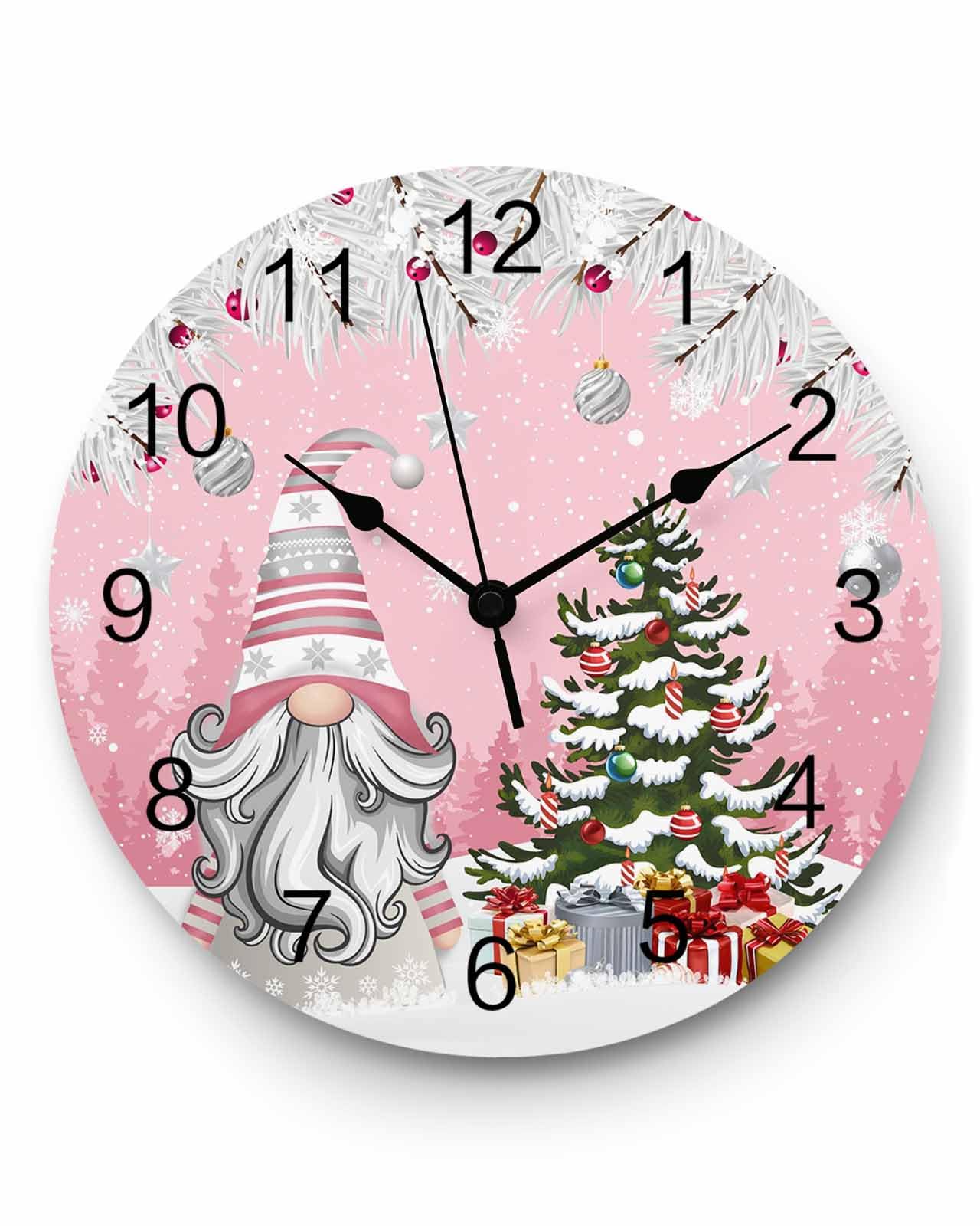 Ensound Christmas Wall Clock Gnome Xmas Tree Ball Clocks Wooden Silent Non-Ticking Battery Operated Pine Needles Snowflake Pink Round Clock for Home Living Room Kitchen Bedroom Office School 12 Inch