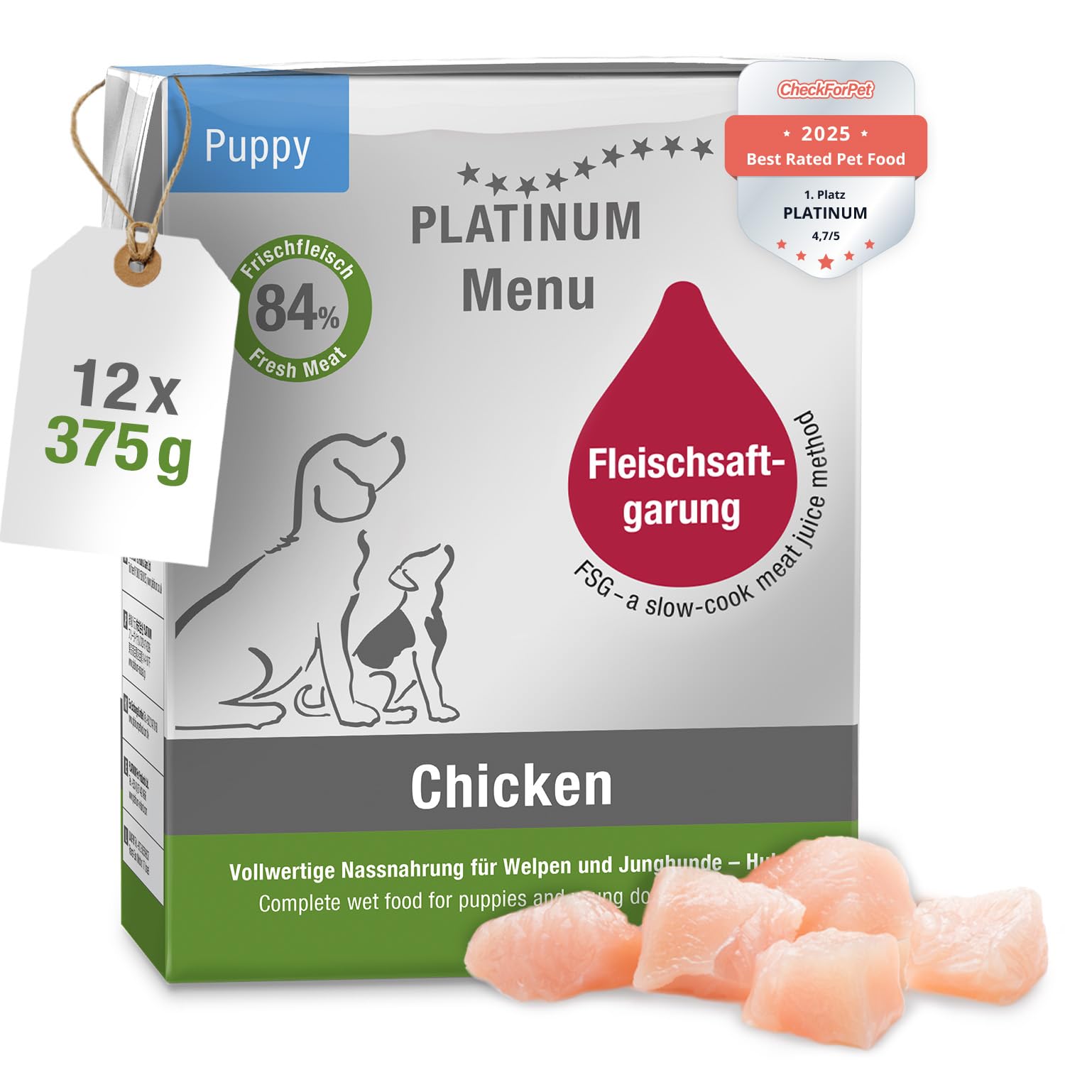 PLATINUM - Alimento para perros Menu Puppy Chicken de carne - 12 x 375 g Alimento para perros rico en nutrientes como el barf - especialmente jugoso para cachorros y perros jóvenes - Sin BPA, probado