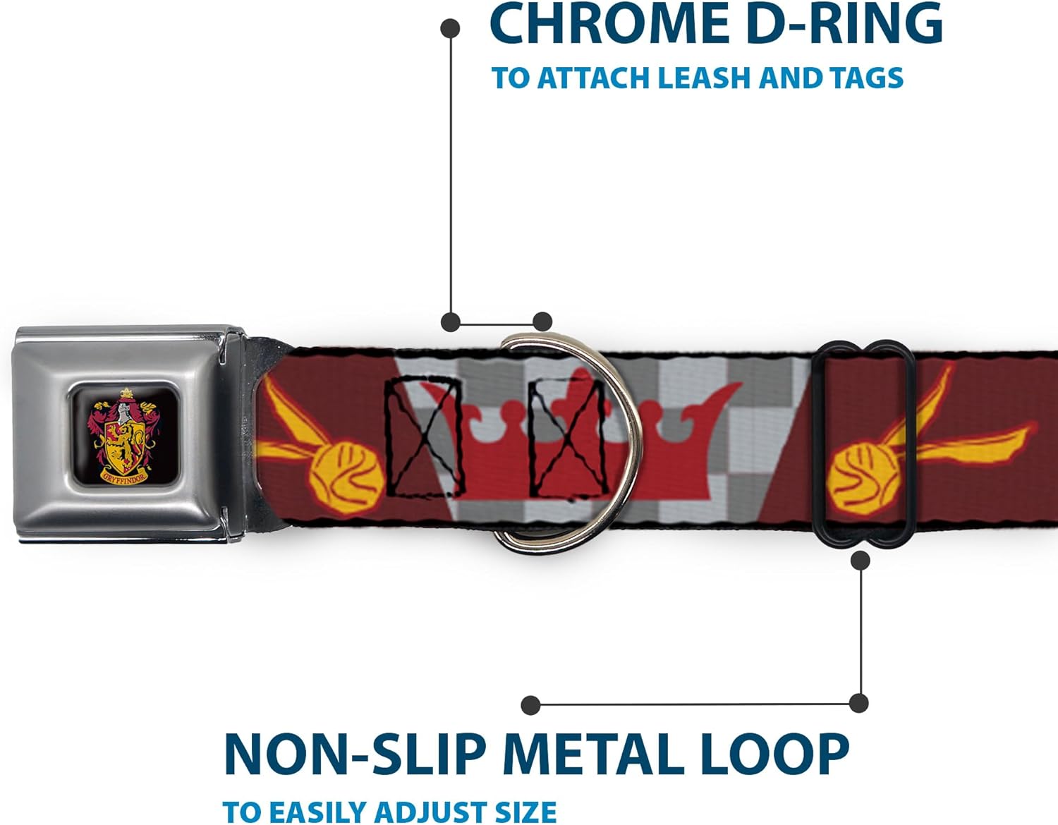 Warner Bros. Pet Collar, Dog Collar Metal Seatbelt Buckle, Harry Potter Gryffindor Quiditch Ball Crown Red Golds Grays, 13 to 17 Inches 1.5 Inch Wide