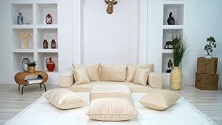 Velvet Floor Sofa, Meditation Sofa, 4" Thick Velvet Beige Floor Seating, Loveseat, Custom Cushion, Customizable Cushion, Floor Couch (Sofa + Pillows)