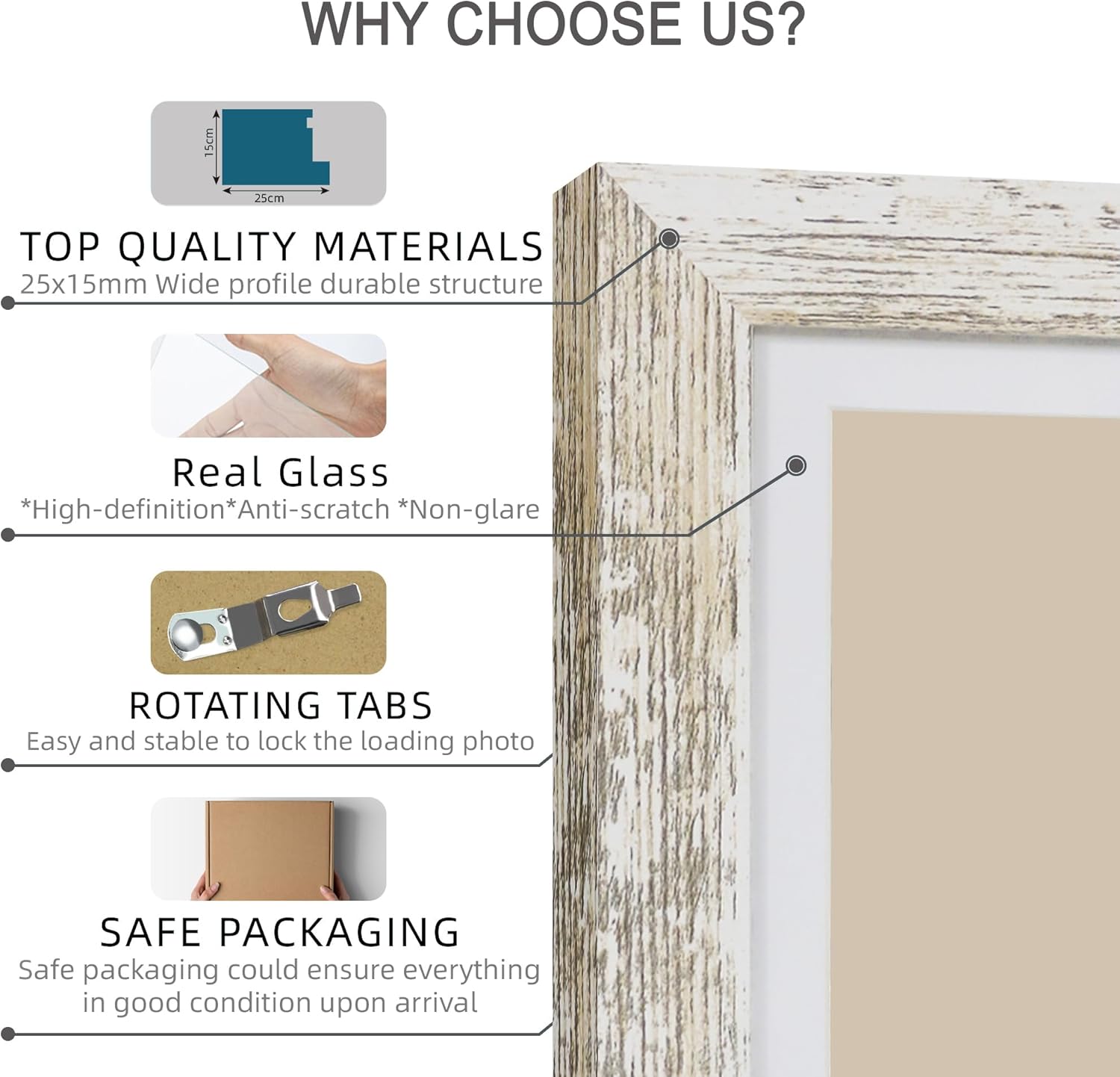 11x14 Picture Frame Set of 4, Made of Glass and Distressed White Wooden Frame, Display 8x10 Pictures with Mat or 11 x 14 Posters without Mat for Wall Mounting, Gallery Photo Frames