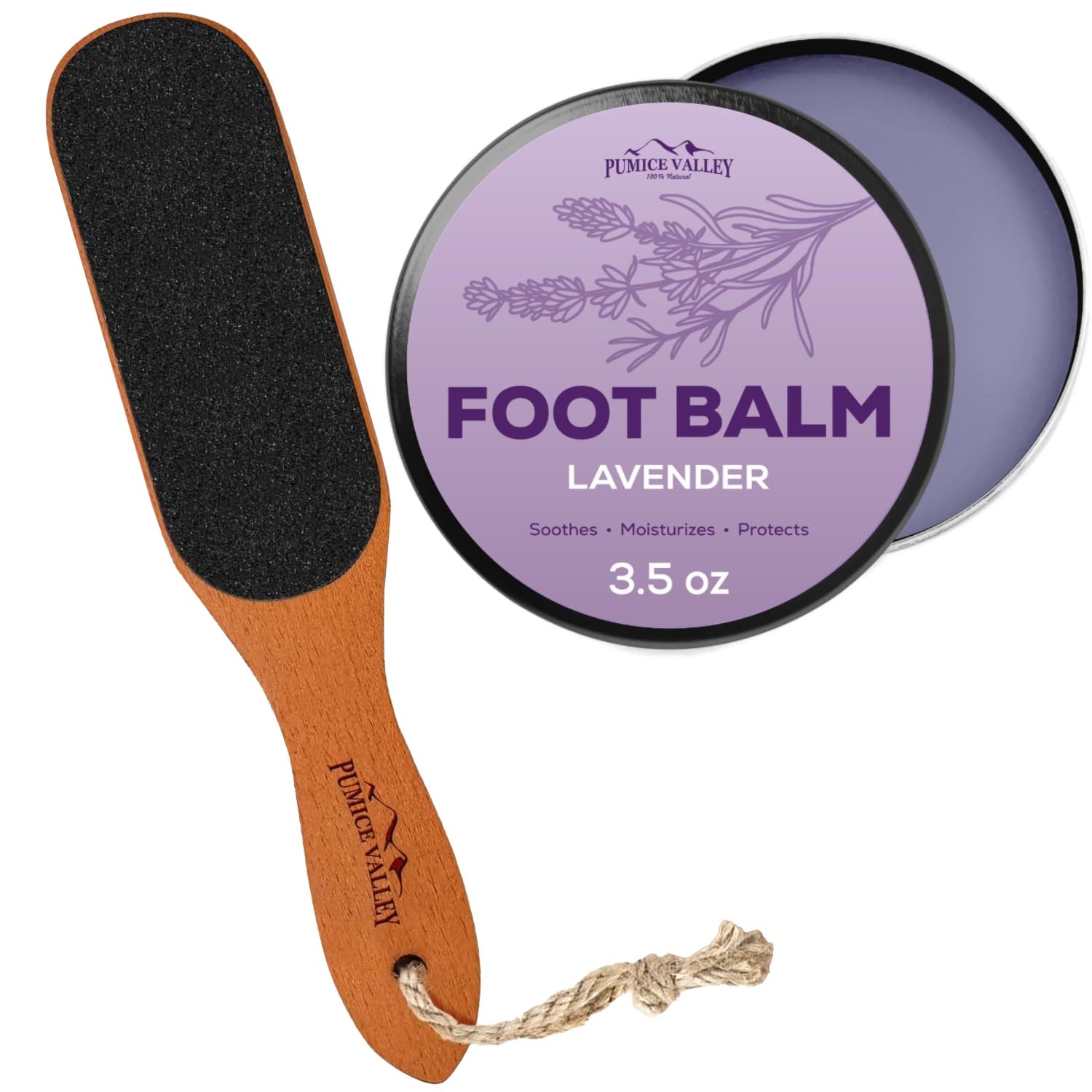 Pumice Valley Foot Balm Cream for Dry Cracked Heels and Feet – Lavender Foot Lotion 3.5 Oz & Pumice Stone Foot File – Wooden Pedicure Feet Scrubber with Handle for Callus, Dry, and Dead Skin Removal