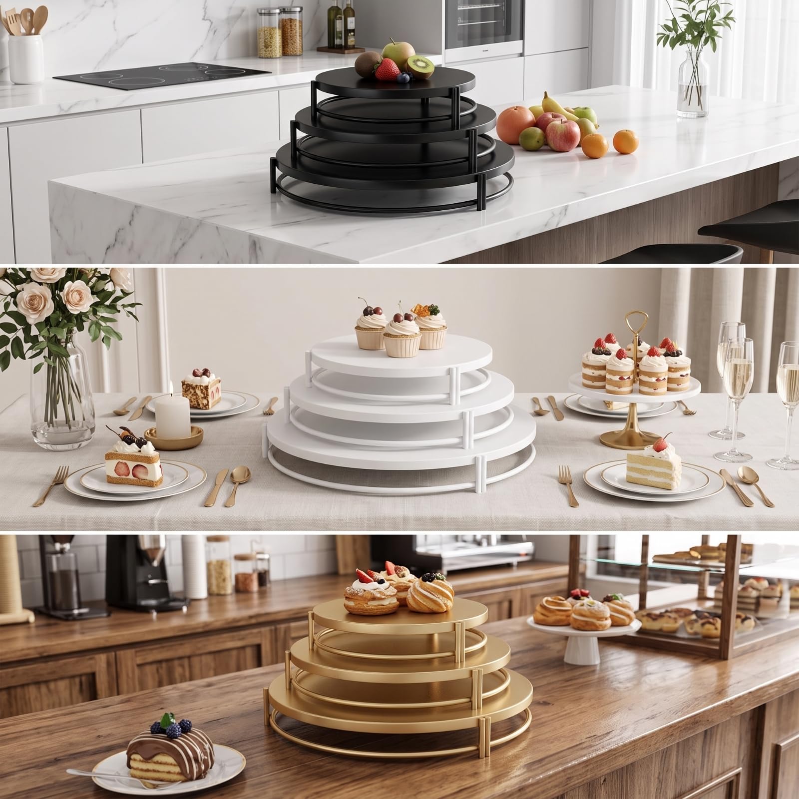Étagère à Gâteaux en Fer Forgé avec Triple Niveau Circulaire et Construction Robuste pour sserts Tartes Petits Fours Adapté aux Anniversaires Cocktails Buffets, Blanc